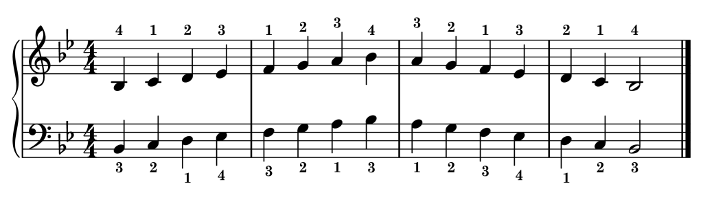 B-flat major piano scale on staff with fingering one octave
