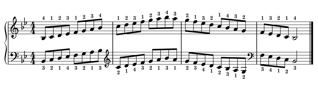 B-flat major piano scale on staff with fingering two octaves