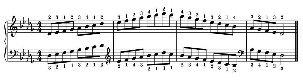 D-flat major piano scale on staff with fingering two octaves