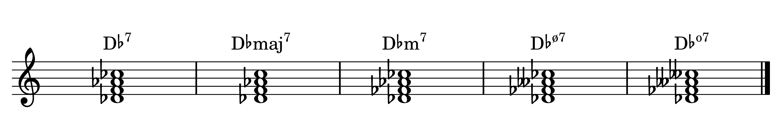 D-flat dominant 7th, major 7th, minor 7th, half-diminished 7th, and diminished 7th chords on the staff