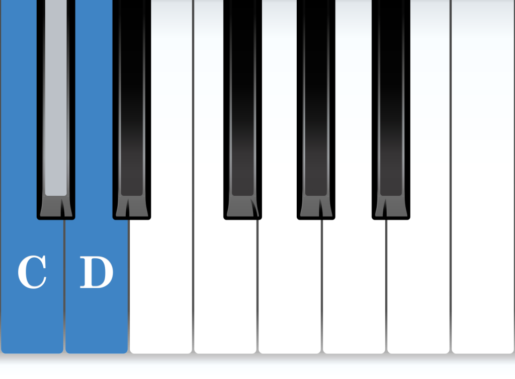 Major Second piano interval from C, C to D, notes diagram