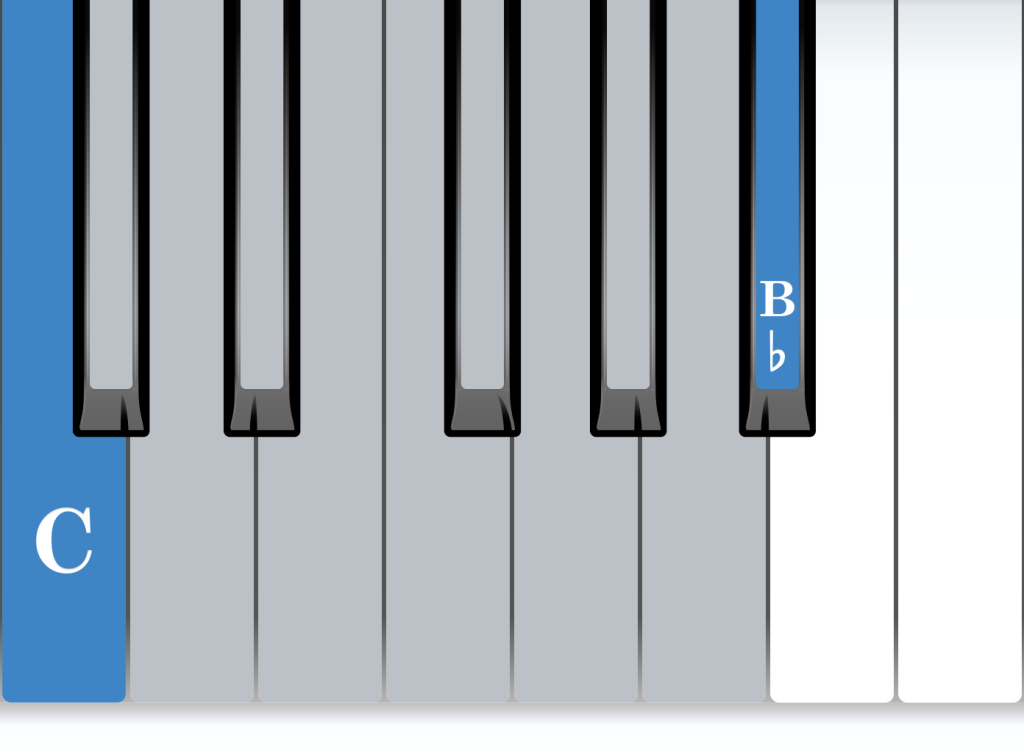 Minor Seventh piano interval from C, C to B-flat, notes diagram