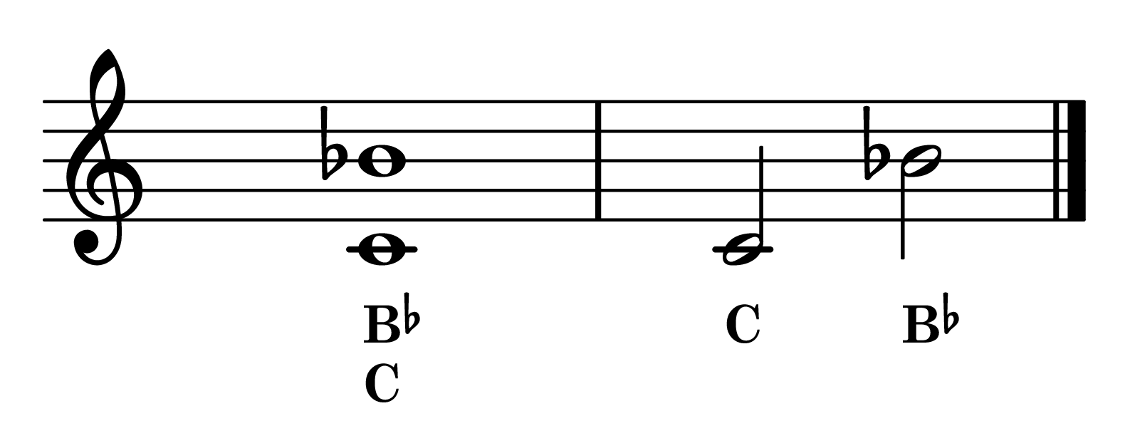 Minor Seventh interval C to B-flat notes on staff with note names
