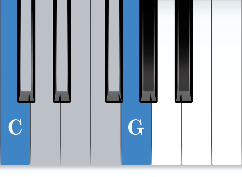 Perfect Fifth piano interval from C, C to G, notes diagram
